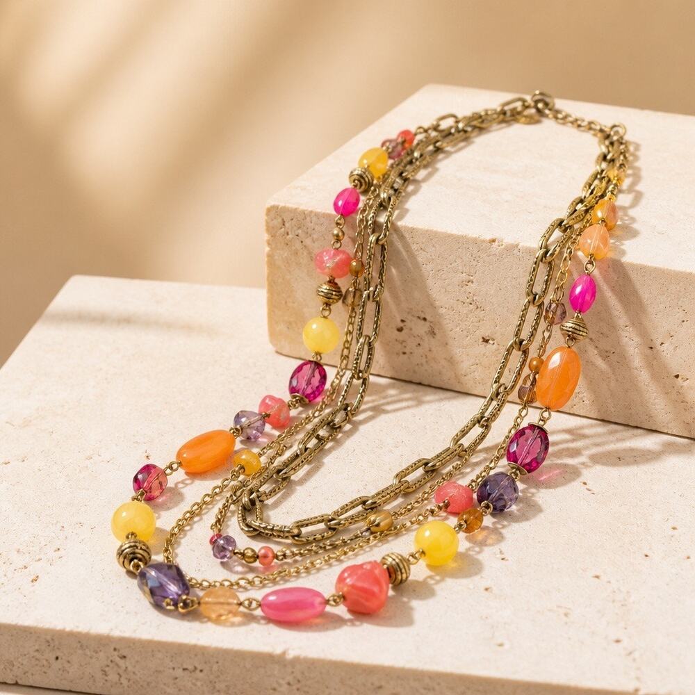 Vintage Lia Sophia Layered Necklace-Sunset Tones Pink, Orange & Yellow Beads